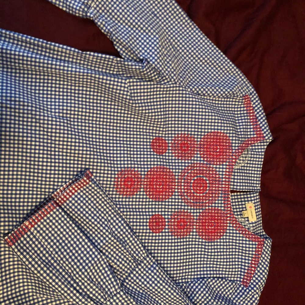 Blue plaid fitted top with red stitching